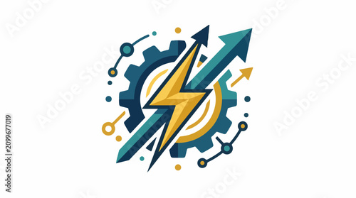 Dynamic growth symbol with lightning bolt gear and arrows