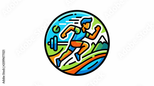 Dynamic illustration of a person running with weights and mountains in background