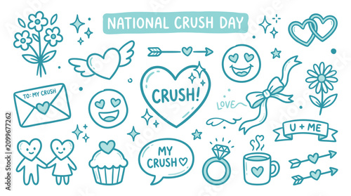 Foto National Crush Day Doodle Collection with Hearts, Love Symbols, and Cute Illustrations