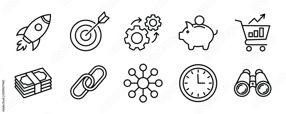 Obraz premium Hand drawn business icon set featuring rocket launch, target, gear mechanism, piggy bank, shopping cart, cash, link, network, clock, and binoculars