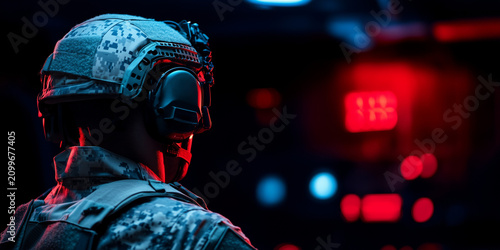 Military personnel in tactical gear engaged in cyber warfare defense operations with high tech equipment in a dark environment
