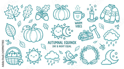 Bild auf Leinwand Cute Autumnal Equinox Elements Collection with Pumpkins, Leaves, and Cozy Symbols