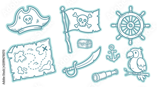 Schilderij op canvas Collection of hand-drawn pirate-themed icons including a treasure map, Jolly Roger flag, ship's wheel, and cutlass