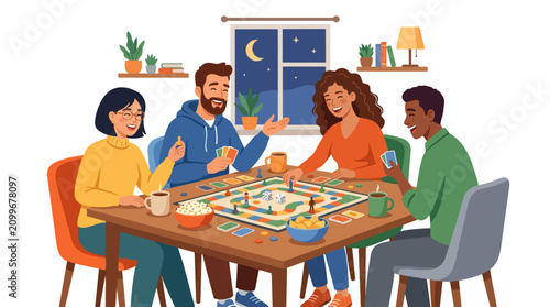Game Night Delight: Four friends gather around a table for a lively board game night, complete with snacks and drinks, enjoying each other's company as the moon rises outside.