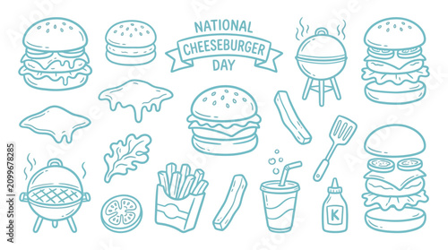 Cuadro en lienzo National Cheeseburger Day Doodle Collection with Burgers, Fries, and Grills