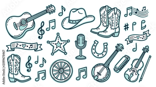 Collection of hand-drawn country music and western icons, including instruments, cowboy hat, boots, and sheriff star.