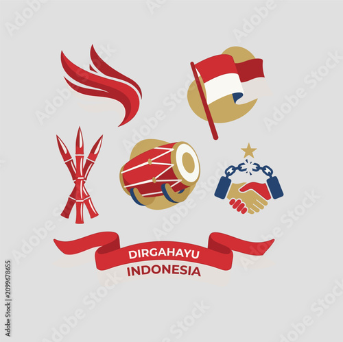 A vibrant collection of Indonesian cultural and independence symbols, featuring the national flag, traditional drum, and freedom icons, with a 'Long Live Indonesia' banner.