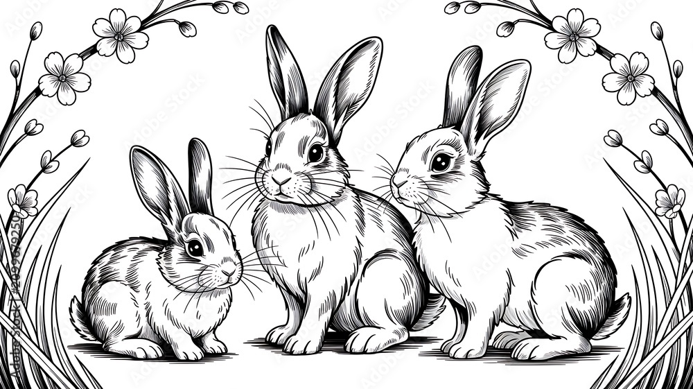 Obraz premium Three cute bunnies sitting together in a floral border illustration