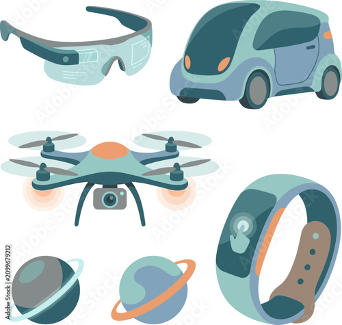 Illustrative set of advanced technologies featuring wearable augmented reality glasses, an autonomous vehicle, a camera drone, and a fitness tracker.