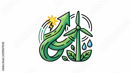 Green energy icon with wind turbine arrow sun leaves and water drops