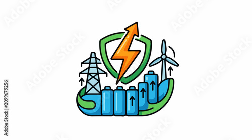 Green energy icons with lightning bolt shield and batteries