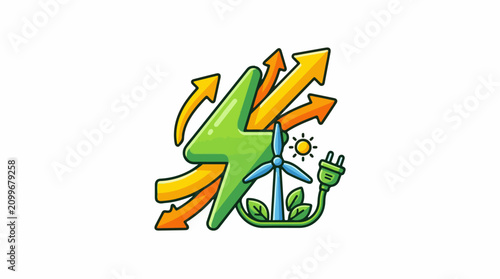 Green energy icon with wind turbine sun plug and arrows
