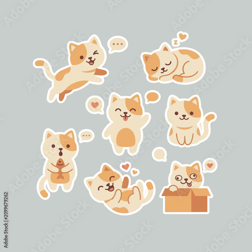 A delightful collection of cartoon cat stickers featuring playful, sleeping, and curious felines in various adorable poses.