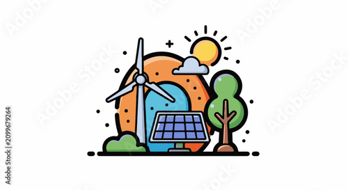 Green energy illustration with sun clouds tree windmill and solar panel