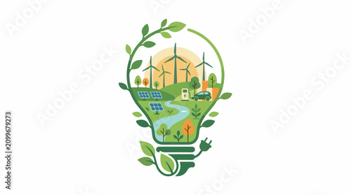 Green energy landscape inside a lightbulb with solar wind and car charging