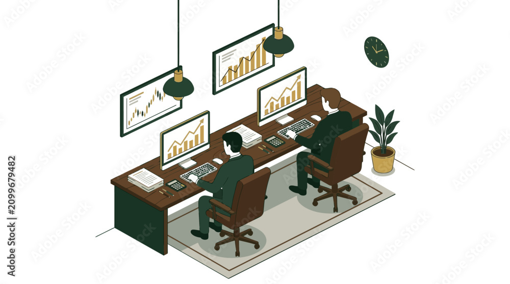 Fototapeta premium Two business professionals analyzing financial data in a modern office