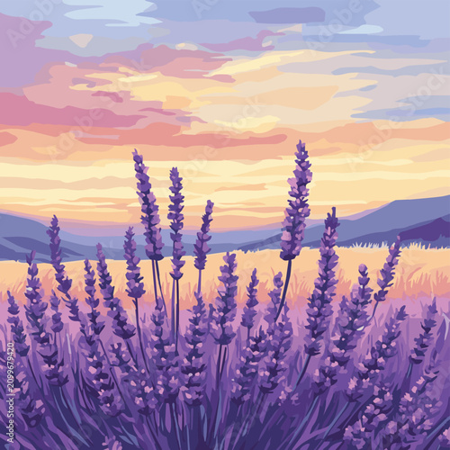 A serene lavender field at sunset, showcasing vibrant purple flowers against a colorful sky.