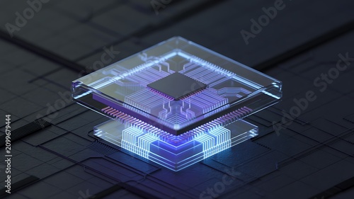 Modern 3D chip processor with glowing circuit board design