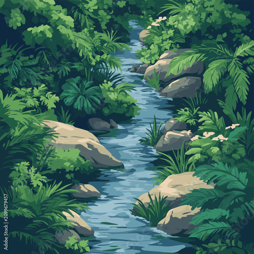 A serene river flowing through a lush green jungle, surrounded by vibrant plants and rocks.