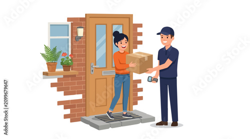 Package Delivery at Home: A smiling delivery person hands a package to a happy recipient at their doorstep, illustrating a seamless and convenient delivery service.