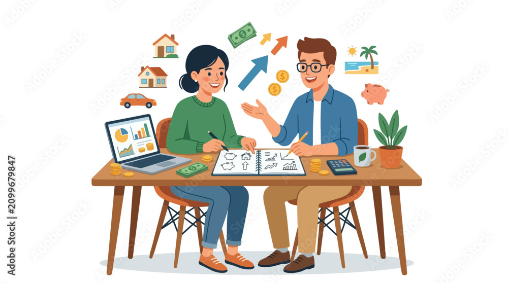 Fototapeta premium Financial Planning Together: A couple consults over a table filled with financial planning tools, surrounded by icons representing home, car, travel, and savings.