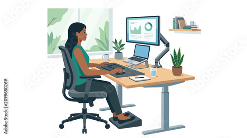 Ergonomic Workspace: A woman works efficiently at a standing desk, utilizing an ergonomic chair and footrest, surrounded by modern office accessories and lush greenery.