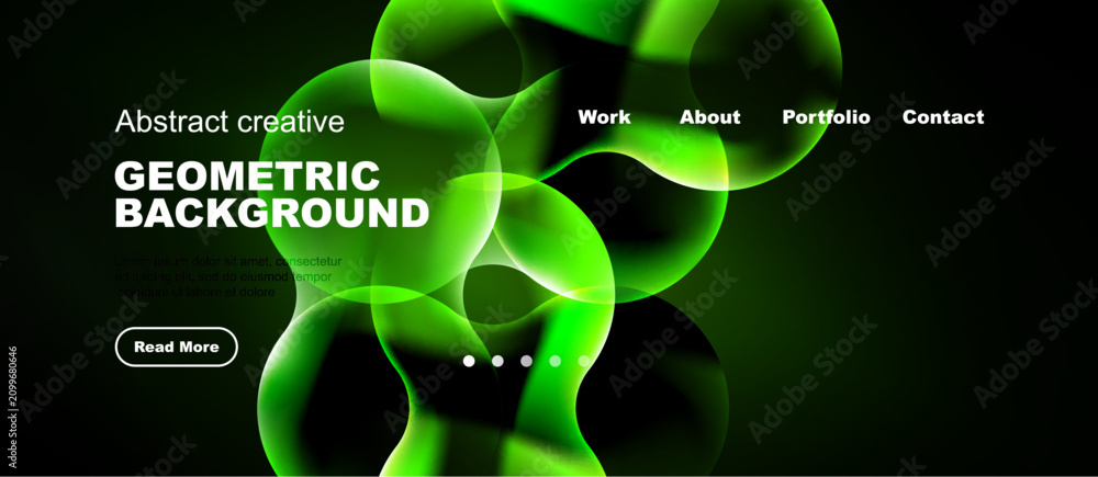 Naklejka premium Dark background features vibrant green abstract shapes. Text elements include geometric background, navigation options, plus button. Modern design.