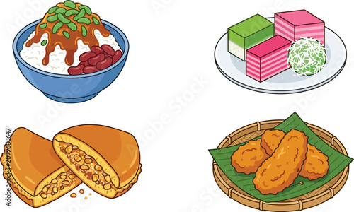Malaysian and Indonesian traditional dessert set featuring cendol shaved ice kuih lapis seri muka ondeh ondeh apam balik and pisang goreng vector