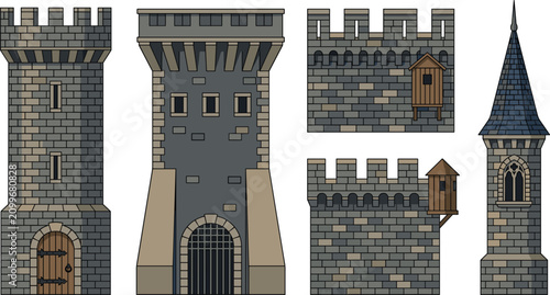 Fotografie Medieval stone castle tower and wall vector set with fortress battlements gates