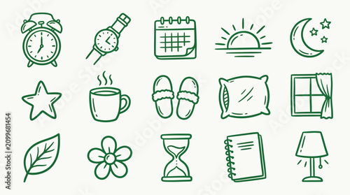 Collection of hand-drawn icons representing daily routines, time, and relaxation elements.
