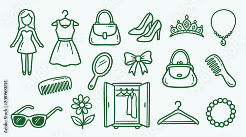 Collection of fashion and beauty icons for women, including clothing, accessories, and personal items.