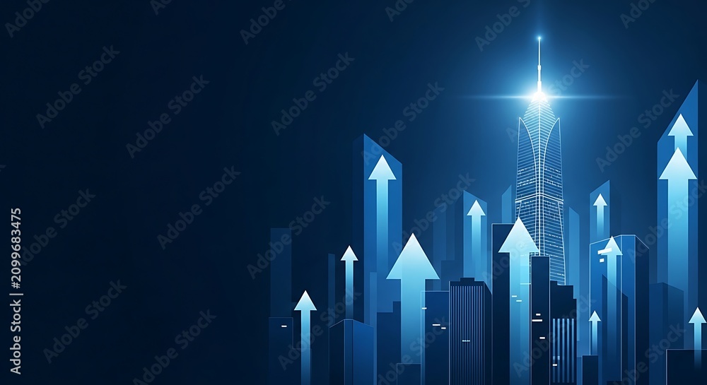 Fototapeta premium A futuristic cityscape with glowing blue skyscrapers and upward arrows