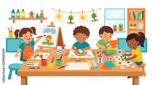 Happy children group enjoying creative art and craft activities in a classroom, painting on easels, drawing with colorful crayons, and cutting paper with scissors to develop artistic skills and joy.