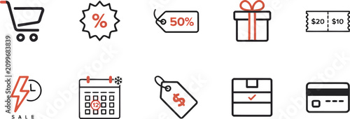 New Year Sale Shopping Icons Premium EPS Vector Outline Bundle Ecommerce Collection
