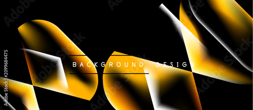 Abstract dynamic lines, gold gradients, white shapes over black background. M...