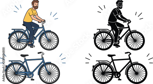 Bild auf Leinwand Man riding city bicycle vector set with colorful illustration and black silhouet