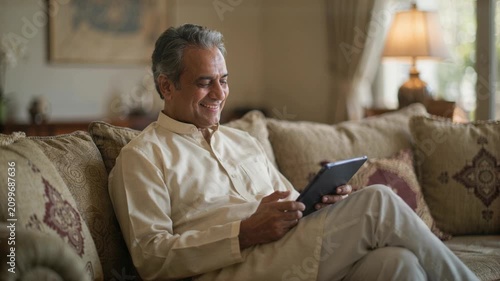Smiling mature Indian man in kurta using tablet on sofa at home