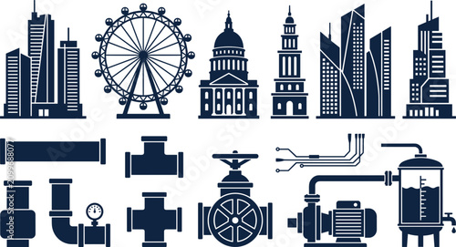 Modern smart city and industrial infrastructure icon vector set featuring skyscrapers ferris wheel municipal architecture and plumbing water utility piping,