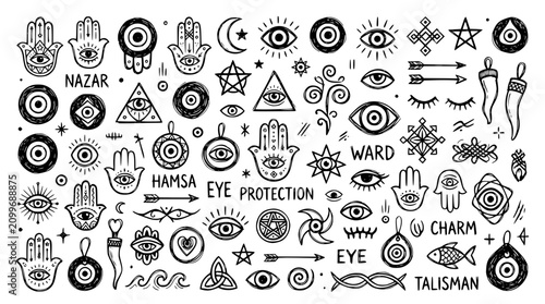 Hand drawn evil eye protection symbol icons nazar hamsa eye hand amulet charm talisman ward, black ink sketch vector illustration