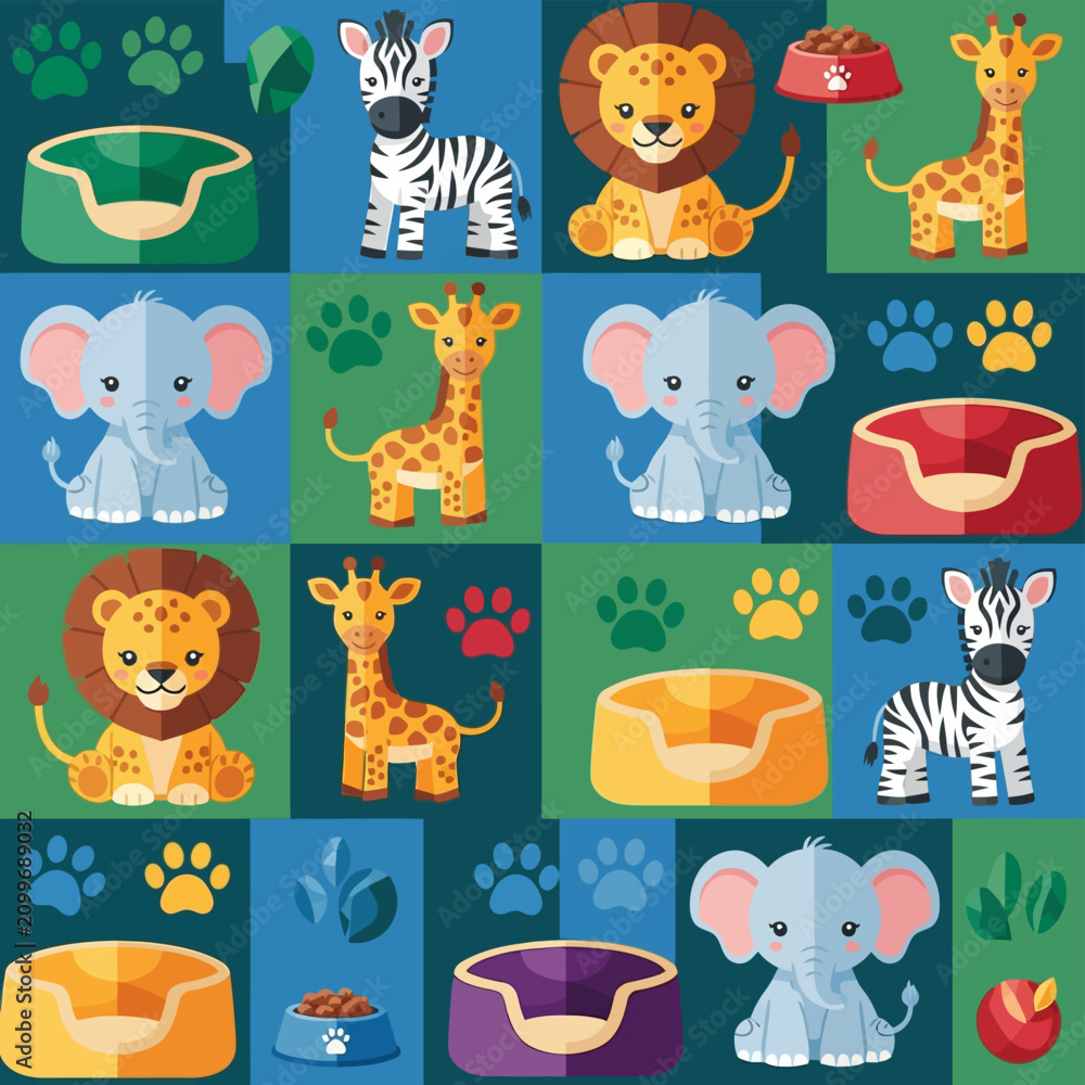 Obraz premium Vector illustration of cute cartoon safari animals including lions, elephants, zebras, and giraffes in a grid pattern with paw prints, pet beds, and food bowls on colorful squares.