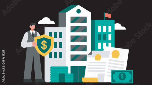 Fotografie Illustration Of A Prosecutor Guarding State Assets In The Form Of Buildings, Mon