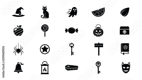Obraz na płótnie Halloween icons set including witch hat cat ghost candy and pumpkin on white bac