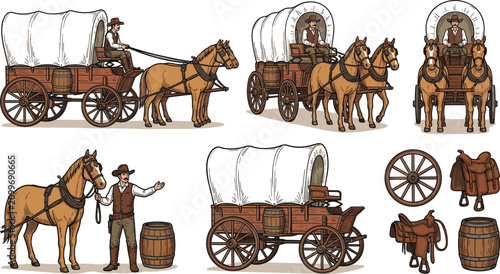 Obraz na płótnie Old american pioneer covered cart vector bundle with cowboy riding carriage stal
