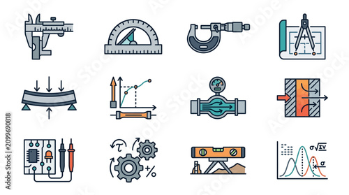 Foto Dynamic Illustrated Icons Set Featuring Precision Measuring Tools Engineering Co