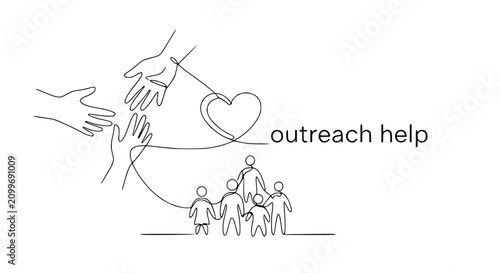Konstfotografi Hands reaching out, heart, and diverse group of people in continuous line art st