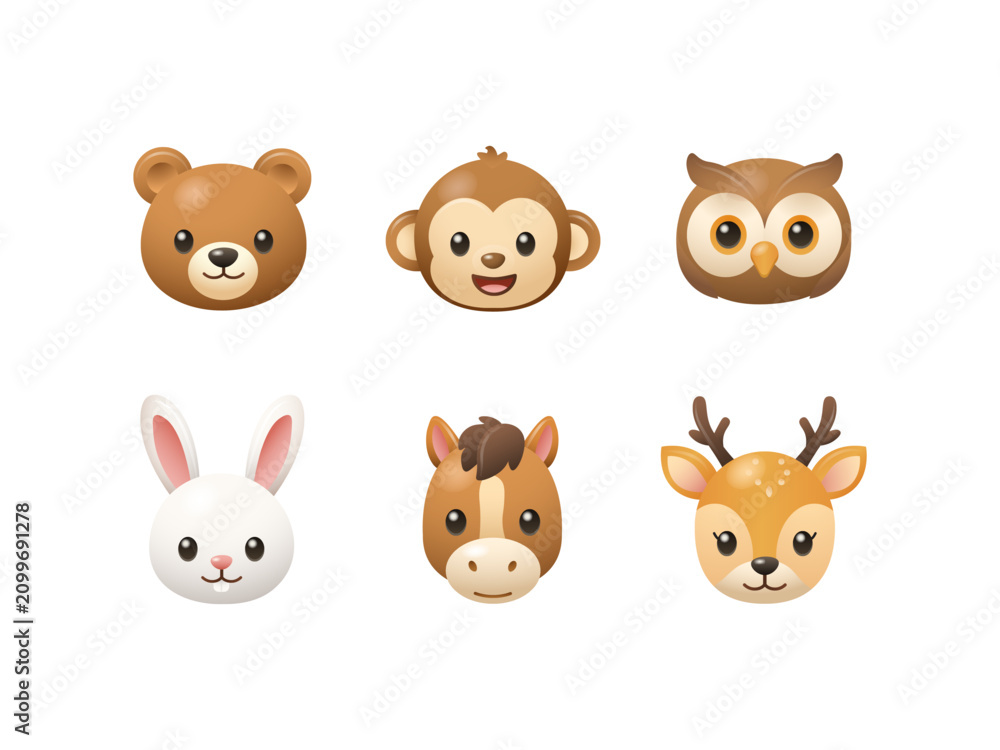 Fototapeta premium Forest Animal Cute 3D Emoji Icon Pack, bear, rabbit, horse, owl, monkey, and deer