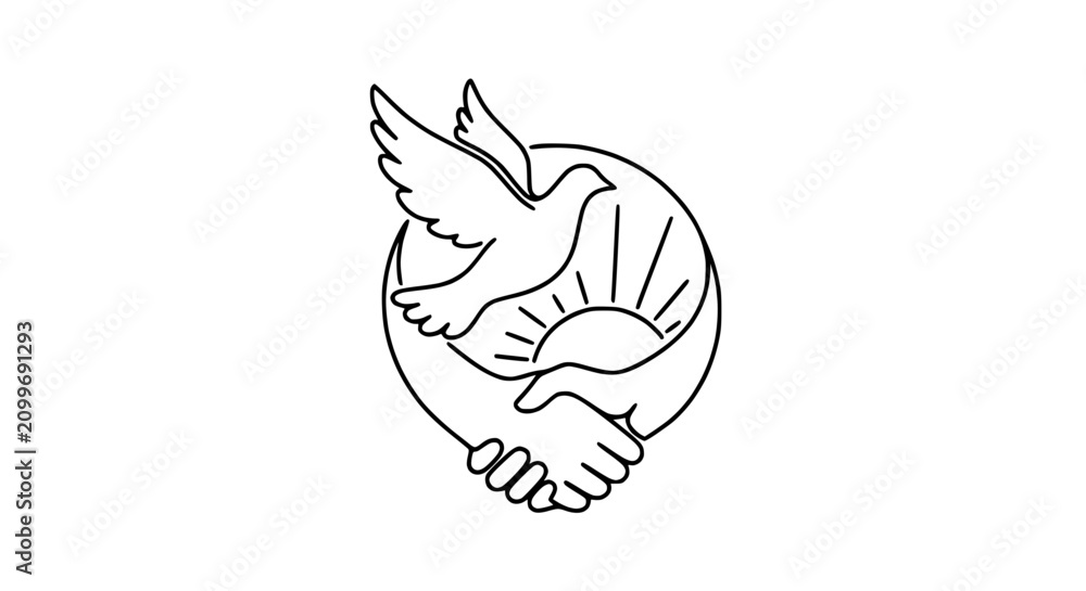 Fototapeta premium Dove carrying olive branch above handshake and sun, symbol of peace and unity, line art.