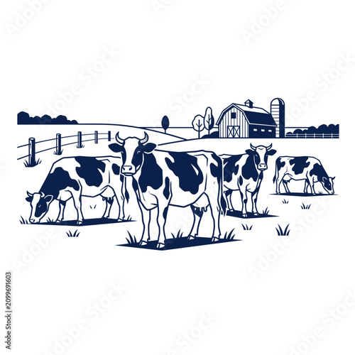фотографія Farm scene with cows grazing near a barn and silo, rural landscape illustration