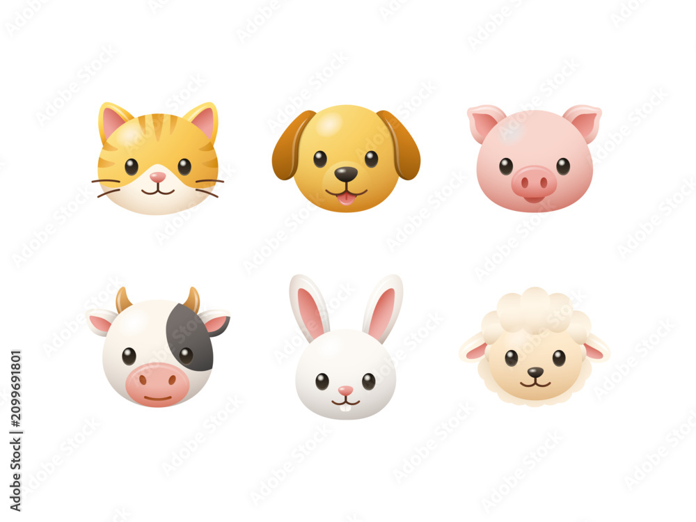 Fototapeta premium Farm Animal Cute 3D Emoji Icon Pack, cat, dog, pig, sheep, cow, and rabbit.