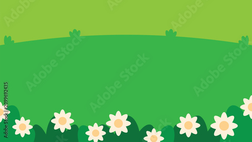 Green garden landscape background featuring blooming flowers and grassy hills in a cheerful cartoon style.